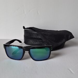 Oakley Black Frame Sunglasses with Green-Blue Mirrored Lenses